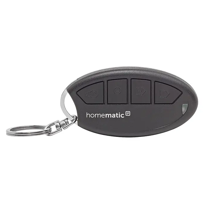 Homematic IP Fernbedienung Schlüsselbundfernbedienung Alarm HmIP-KRCA-2 - Schwarz - Schwarze Homematic IP Fernbedienung mit vier Tasten, einem silbernen Schlüsselring und einer Kontrollleuchte.