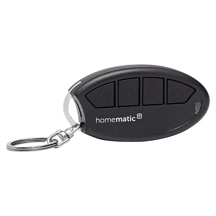 Homematic IP Fernbedienung Schlüsselbundfernbedienung Alarm HmIP-KRCA-2 - Schwarz - Schwarze homematic IP Fernbedienung mit vier Steuerungstasten und Metallschlüsselring.