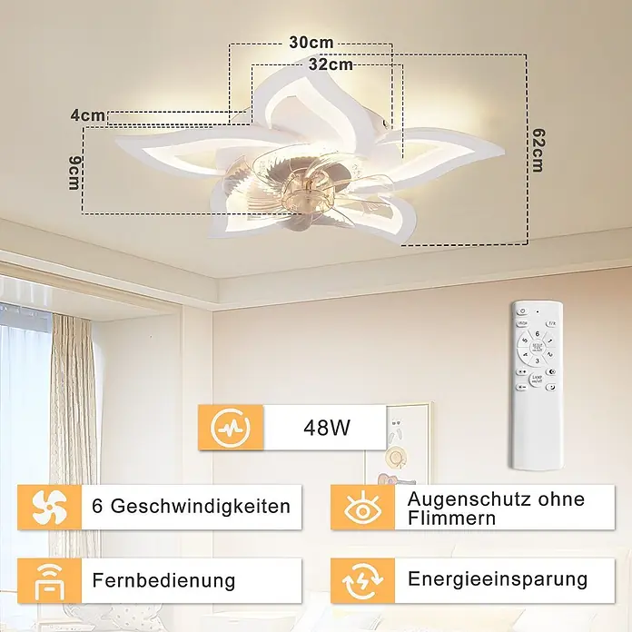 Nettlife Deckenventilator - White, 620 mm, 64 W - Weißer blumenförmiger LED-Deckenventilator mit integriertem Ventilator, Fernbedienung und Maßen (62cm Gesamtlänge).