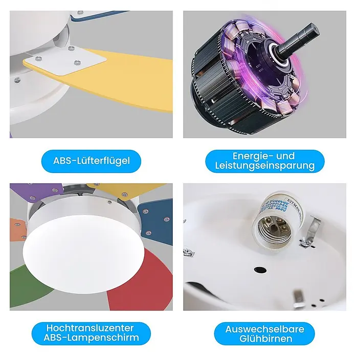 Nettlife Deckenventilator - Multicolor, 750 mm, 57 W - Bunter Deckenventilator mit ABS-Flügeln, energiesparendem Motor, transluzentem ABS-Lampenschirm und austauschbarer E27-Glühbirne.