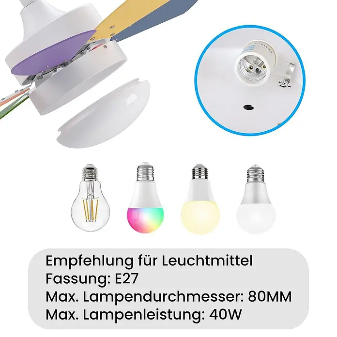 Nettlife Deckenventilator - Multicolor, 750 mm, 57 W - E27-Fassung einer Leuchte mit kompatiblen Glühbirnen und Spezifikationen: E27, max. 80mm Durchmesser, 40W.