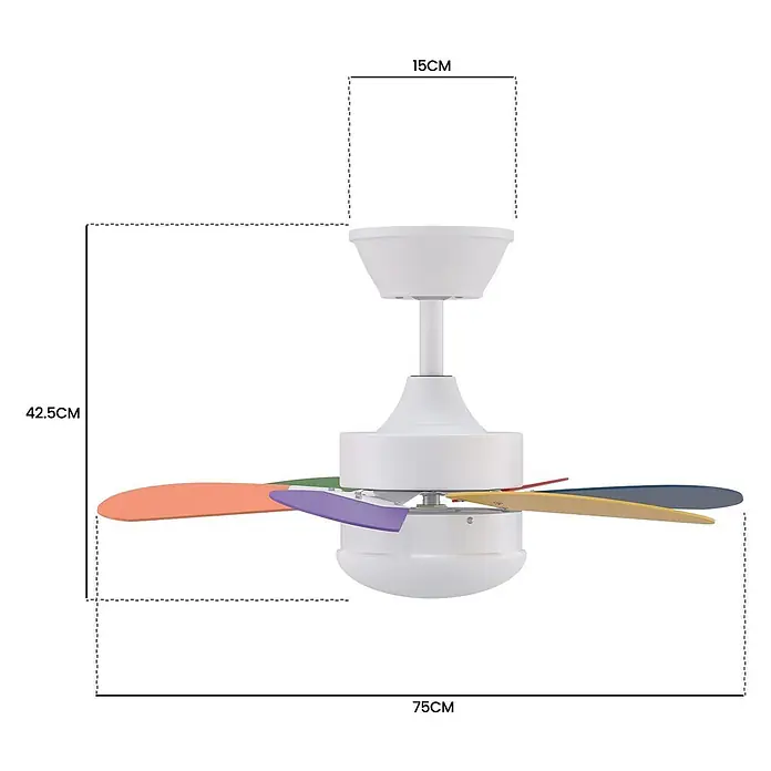 Nettlife Deckenventilator - Multicolor, 750 mm, 57 W - Weißer Deckenventilator mit fünf farbigen Flügeln (Orange, Grün, Lila, Gelb, Blau), 42,5cm hoch und 75cm breit.