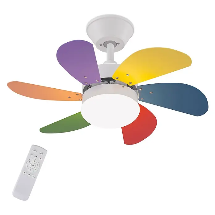 Nettlife Deckenventilator - Multicolor, 750 mm, 57 W - Weißer Deckenventilator mit sechs bunten Flügeln und zentraler Leuchte, zusammen mit weißer Fernbedienung.