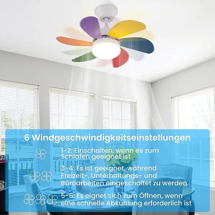 Nettlife Deckenventilator - Multicolor, 750 mm, 57 W - Bunter Deckenventilator mit weißer Lampe in einem Raum, der seine 6 Geschwindigkeitsstufen für verschiedene Anwendungen zeigt.