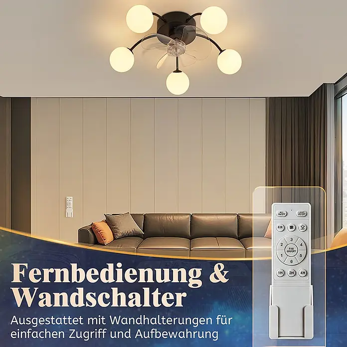 Nettlife Deckenventilator - Multicolor, 570 mm, 38 W - Schwarzer Deckenventilator mit fünf Kugellichtern und integriertem Ventilator, gesteuert per weißer Fernbedienung und Wandhalterung in einem Wohnzimmer.