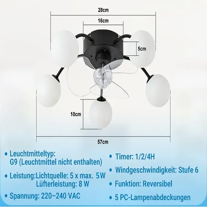 Nettlife Deckenventilator - Multicolor, 570 mm, 38 W - Schwarzer Deckenventilator mit fünf kugelförmigen weißen Leuchten und integrierten Lüfterblättern, mit Maßen.