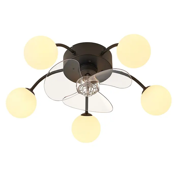 Nettlife Deckenventilator - Multicolor, 570 mm, 38 W - Dunkler Deckenventilator mit fünf mattierten Kugelleuchten und transparenten Kunststoffflügeln.