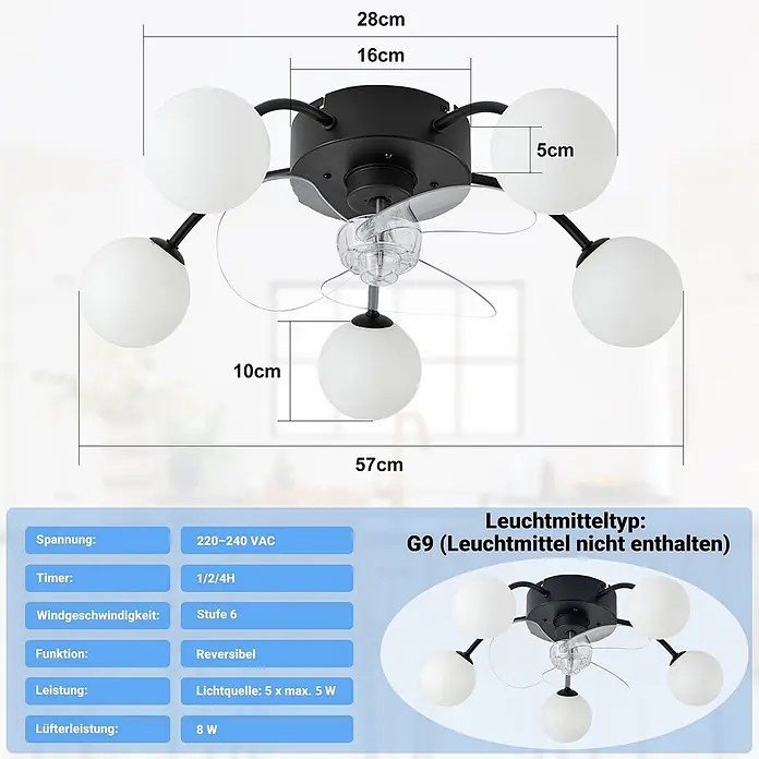 Nettlife Deckenventilator - Multicolor, 570 mm, 38 W - Schwarzer Deckenventilator mit fünf sphärischen weißen Glasleuchten und transparenten Flügeln, 57 cm breit, G9-Fassungen.