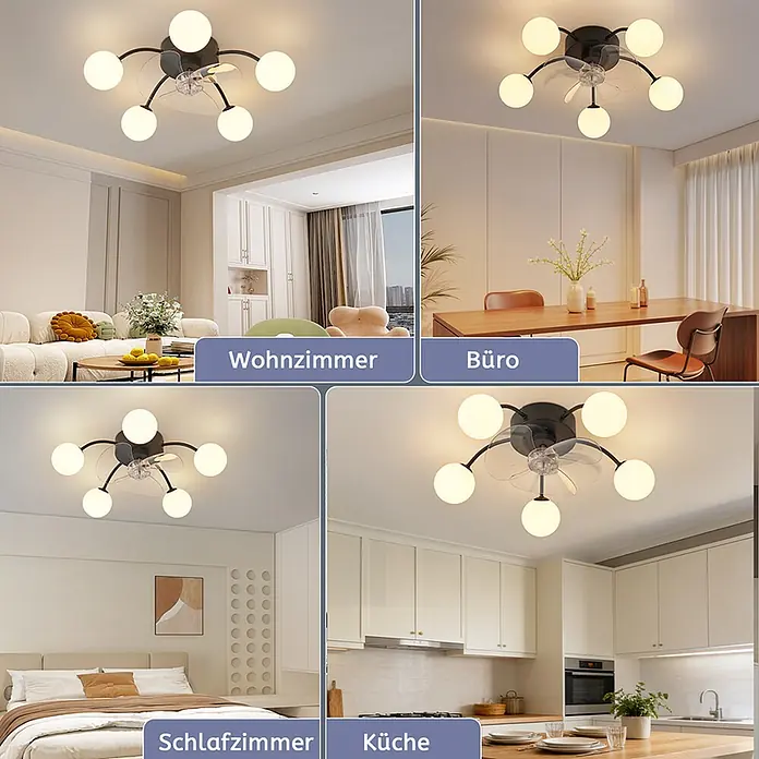Nettlife Deckenventilator - Multicolor, 570 mm, 38 W - Schwarzer Deckenventilator mit fünf weißen Kugelleuchten und transparenten Rotorblättern, in modernen Räumen installiert.