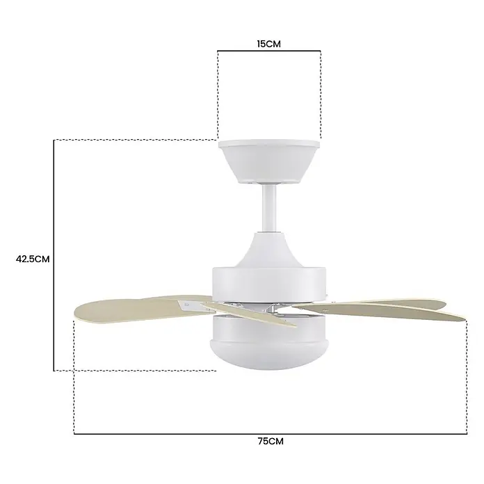Nettlife Deckenventilator - Timber, 750 mm, 57 W - Weißer Deckenventilator mit hellen Holzflügeln und integriertem Licht, Maße: 42,5cm Höhe, 75cm Breite, 15cm Baldachin-Durchmesser.