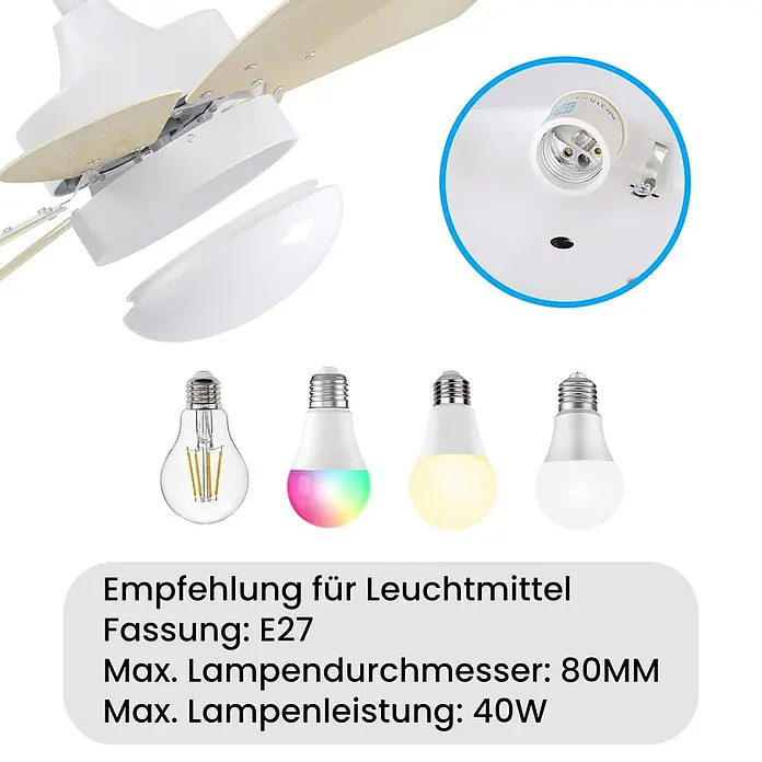 Nettlife Deckenventilator - Timber, 750 mm, 57 W - Weiße Deckenventilator-Leuchte mit E27-Fassung, zeigt kompatible Glühbirnen und Spezifikationen (max. 40W, 80mm Durchmesser).
