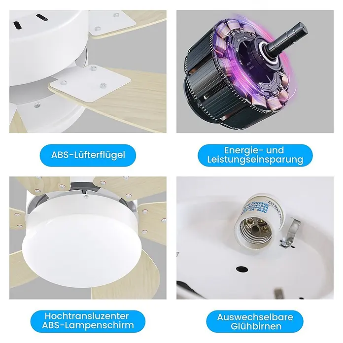 Nettlife Deckenventilator - Timber, 750 mm, 57 W - Deckenventilator mit ABS-Flügeln, energiesparendem Motor, transluzentem ABS-Lampenschirm und wechselbaren E27-Glühbirnen.
