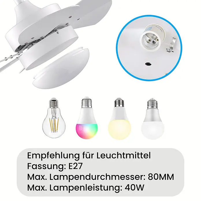 Nettlife Deckenventilator - Black, 750 mm, 57 W - Weiße Deckenventilator-Leuchte mit E27-Fassung, gezeigt mit verschiedenen E27-Glühbirnen. Spezifikationen: E27, max. 80mm Durchmesser, max. 40W.