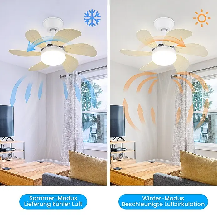 Nettlife Deckenventilator - Timber, 750 mm, 57 W - Weißer Deckenventilator mit Licht und sechs hellen Holzflügeln, zeigt Luftstrom für Sommerkühlung und Winterzirkulation.