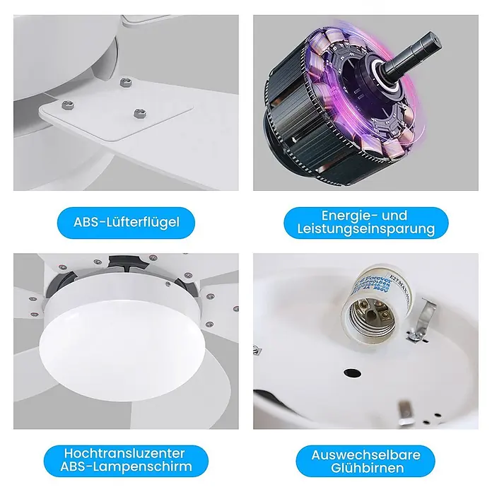 Nettlife Deckenventilator - Black, 750 mm, 57 W - Weiße Deckenventilator-Komponenten: robuste ABS-Flügel, energiesparender Motor, transluzenter ABS-Lampenschirm, wechselbare E27-Fassung.