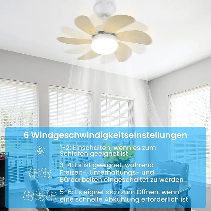 Nettlife Deckenventilator - Timber, 750 mm, 57 W - Eine Deckenventilator mit blütenblattförmigen, hellen Holzimitat-Flügeln und integriertem Licht an einer Decke, mit sichtbarem Luftstrom.