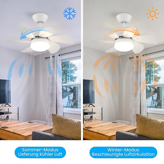 Nettlife Deckenventilator - Black, 750 mm, 57 W - Weißer Deckenventilator mit Licht im Wohnzimmer, zeigt Sommer- (kühler Luftstrom) und Wintermodus (beschleunigte Luftzirkulation).