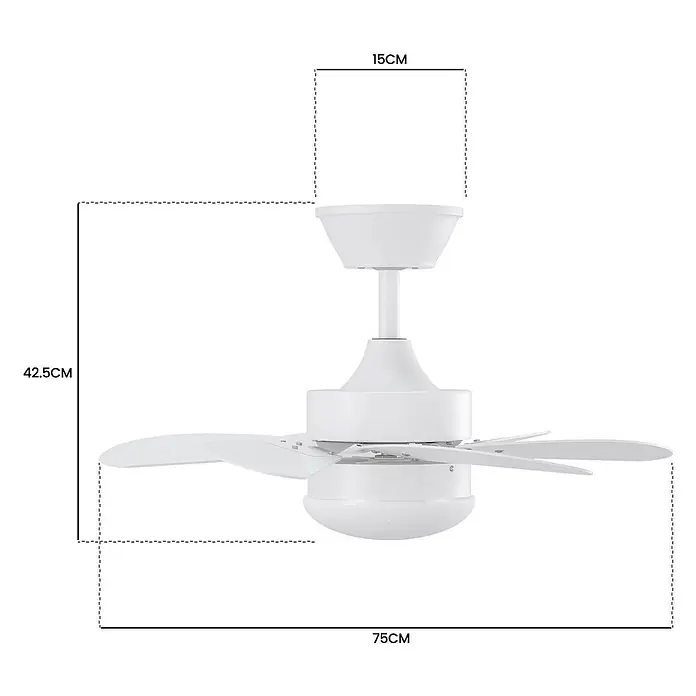 Nettlife Deckenventilator - Black, 750 mm, 57 W - Weißer Deckenventilator mit sechs Flügeln und integrierter Beleuchtung.