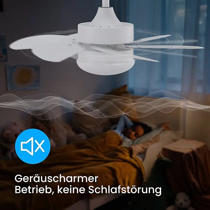 Nettlife Deckenventilator - Black, 750 mm, 57 W - Weißer Deckenventilator mit integriertem Licht in einem Kinderzimmer, der leise über einem schlafenden Kind läuft.