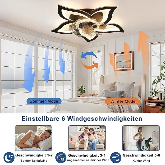Nettlife Deckenventilator - Black, 620 mm, 64 W - Blumenförmiger LED-Deckenventilator mit Kristallflügeln, zeigt Sommer-/Wintermodi und 6 einstellbare Windgeschwindigkeiten für unterschiedlichen Komfort (Schlaf, natürlich, kühl).