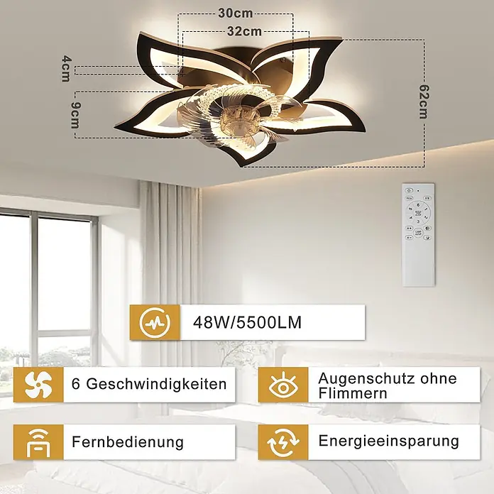 Nettlife Deckenventilator - Black, 620 mm, 64 W - Blumenförmige schwarz-weiße LED-Deckenleuchte mit integriertem Ventilator und Fernbedienung, zeigt Maße und Funktionen.
