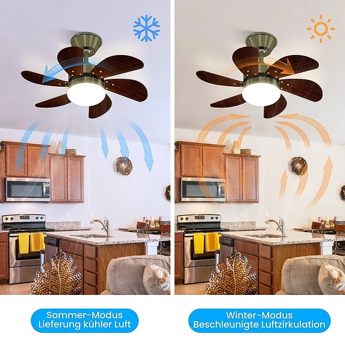 Nettlife Deckenventilator - Green, 750 mm, 57 W - Bronzefarbener Deckenventilator mit dunklen Holzflügeln und Licht, zeigt Sommer- (abwärts Luft) und Wintermodus (aufwärts Luftzirkulation) in einer Küche.