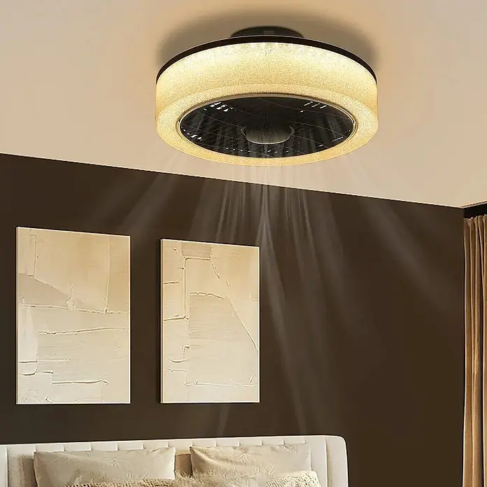 Nettlife Deckenventilator - Black, 400 mm, 40 W - Runder, beiger Deckenventilator mit integriertem Licht, an der Decke montiert, bläst Luft nach unten.