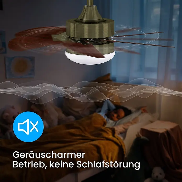 Nettlife Deckenventilator - Green, 750 mm, 57 W - Ruhiger Deckenventilator aus Messing mit Holzflügeln und Licht im Kinderzimmer.
