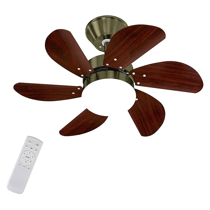 Nettlife Deckenventilator - Green, 750 mm, 57 W - Bronzener Deckenventilator mit 6 dunklen Holzmaserungsflügeln und zentralem Licht, gezeigt mit einer weißen Fernbedienung.