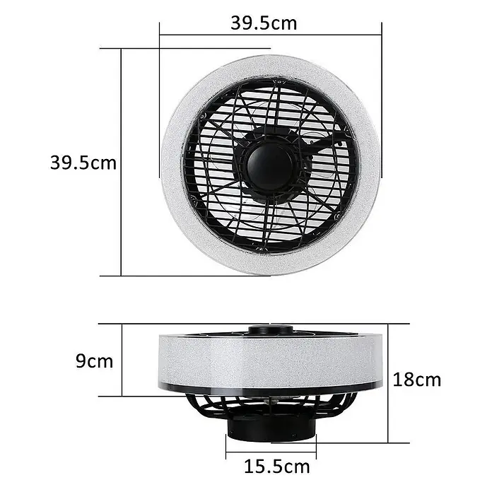 Nettlife Deckenventilator - Black, 400 mm, 40 W - Runder weißer Deckenventilator mit integriertem Licht und schwarzem Gitter, mit Maßen dargestellt.