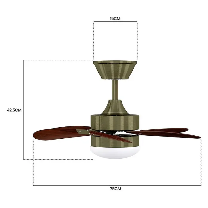 Nettlife Deckenventilator - Green, 750 mm, 57 W - Messingfarbener Deckenventilator mit dunklen Holzflügeln und integriertem Licht.