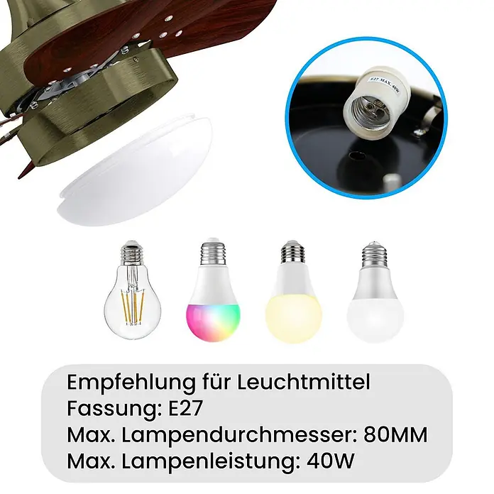 Nettlife Deckenventilator - Green, 750 mm, 57 W - Deckenventilator-Leuchtfassung mit E27-Sockel und Leuchtmittelempfehlungen bis 40W.