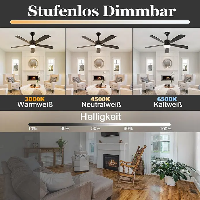 Nettlife Deckenventilator - Black, 1.250 mm, 53 W - Deckenventilator mit Licht demonstriert stufenlose Dimmung und einstellbare Farbtemperatur (Warm- zu Kaltweiß) in einem Wohnzimmer.