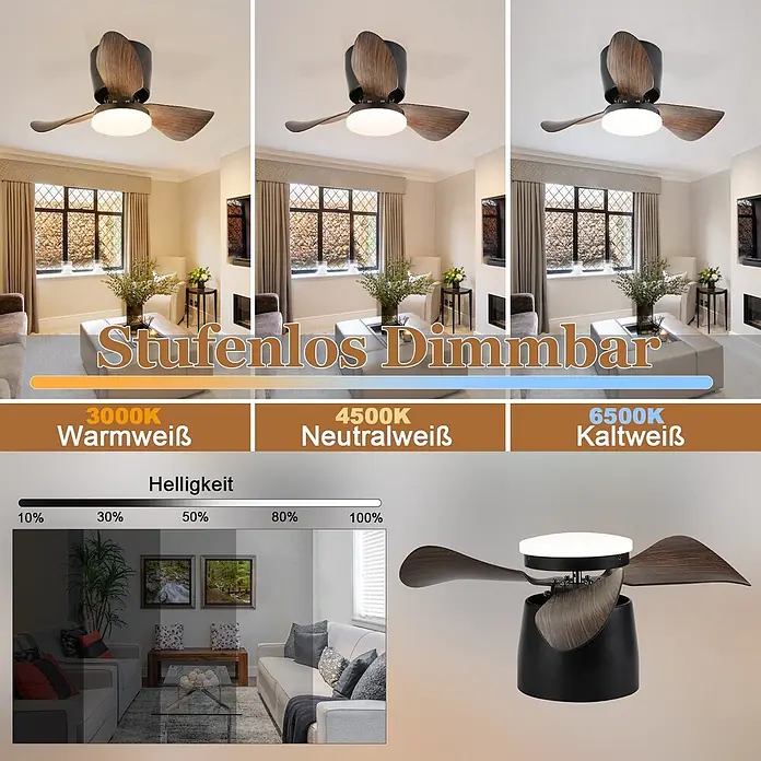Nettlife Deckenventilator - Black, 700 mm, 53 W - Dimmbarer Deckenventilator mit Licht, zeigt einstellbare Farbtemperatur (3000K-6500K) und Helligkeit (10%-100%) in einem Wohnzimmer.
