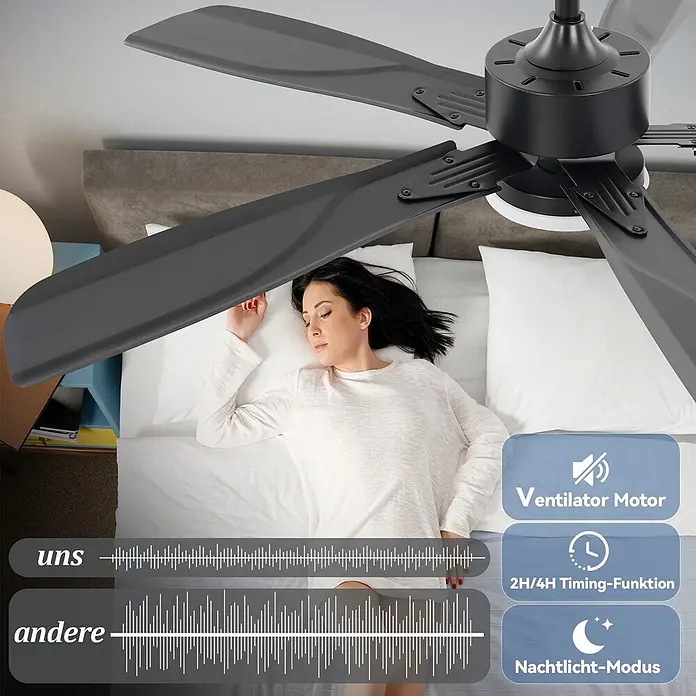 Nettlife Deckenventilator - Black, 1.250 mm, 53 W - Dunkelgrauer Deckenventilator über einem Bett mit schlafender Person, leise, mit Timer und Nachtlicht-Modus.