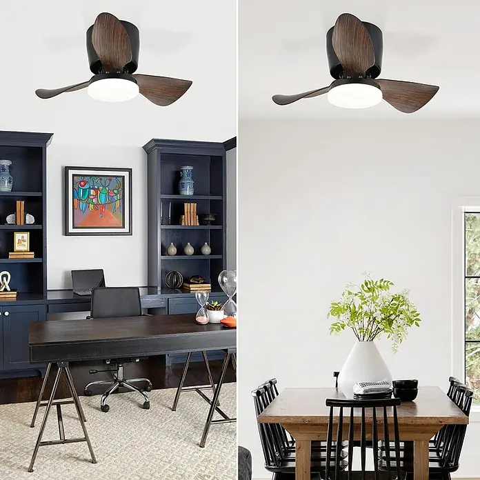 Nettlife Deckenventilator - Black, 700 mm, 53 W - Deckenventilator mit dunklen Holzmaserungsflügeln, schwarzem Gehäuse und integriertem LED-Licht, installiert gezeigt.