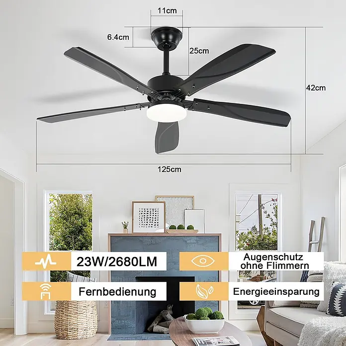 Nettlife Deckenventilator - Black, 1.250 mm, 53 W - Schwarzer Deckenventilator mit fünf Flügeln und Licht, in einem Wohnzimmer installiert. Abmessungen (125cm Durchmesser, 42cm Höhe) und Funktionen sind angegeben.