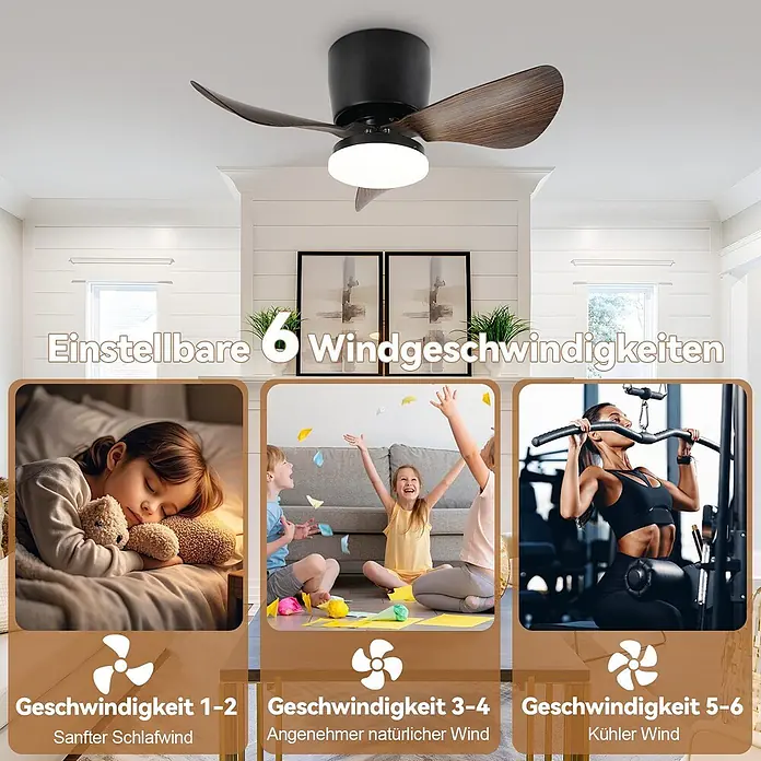 Nettlife Deckenventilator - Black, 700 mm, 53 W - Dunkler Deckenventilator mit Holzflügeln und Licht, zeigt 6 Geschwindigkeitsstufen für Schlaf, Spiel und Sport.