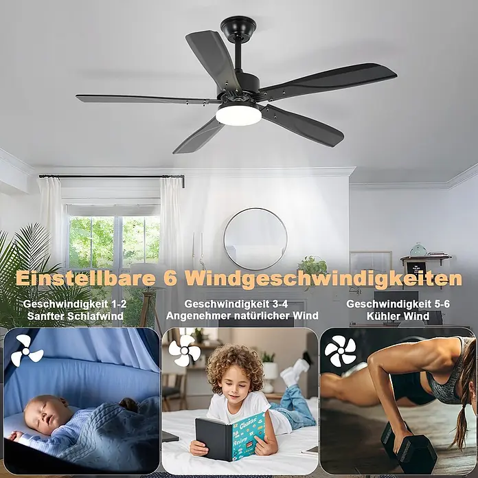 Nettlife Deckenventilator - Black, 1.250 mm, 53 W - Schwarzer Deckenventilator mit Licht, zeigt 6 einstellbare Windgeschwindigkeiten für verschiedene Aktivitäten.