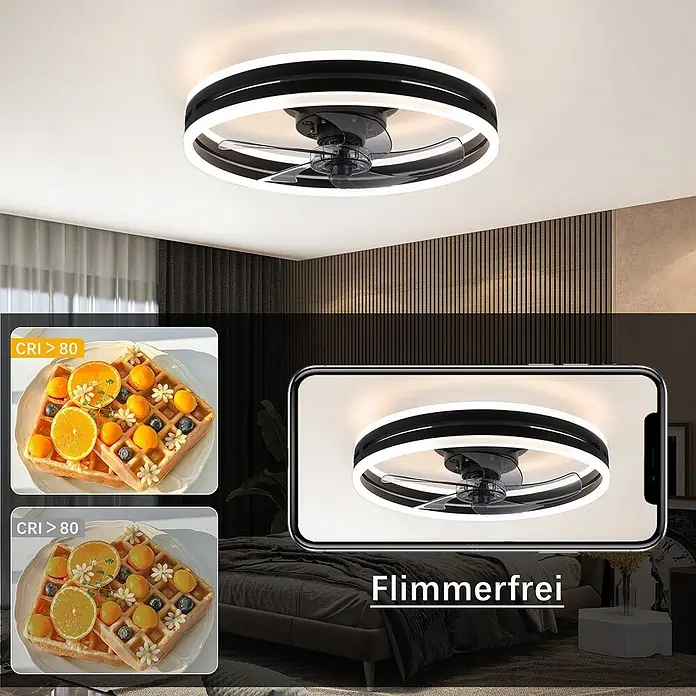Nettlife LED-Deckenventilator Erickson II, Blumenform, dimmbar, 50 cm -  - Moderner runder Deckenventilator mit integriertem LED-Licht, mit schwarzen und weißen Ringen und klaren Flügeln, an einer Zimmerdecke montiert.