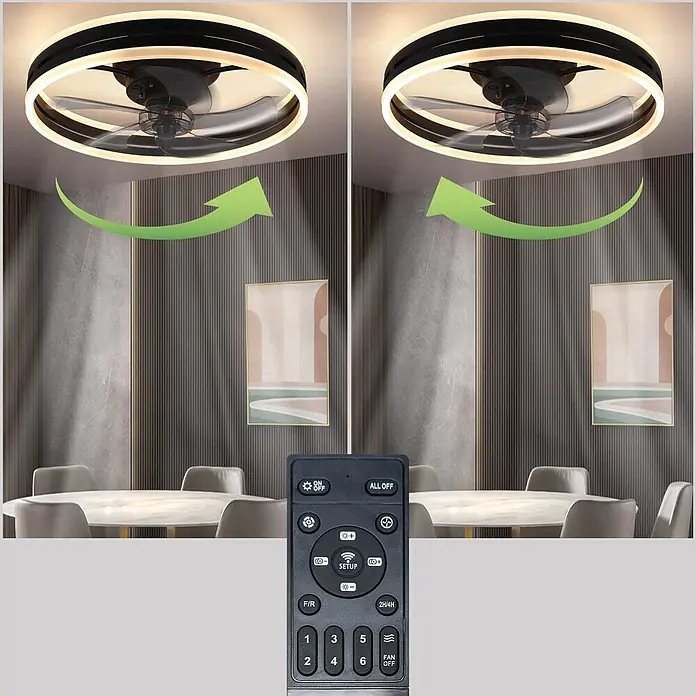 Nettlife LED-Deckenventilator Erickson II, Blumenform, dimmbar, 50 cm -  - Runder schwarzer Deckenventilator mit LED-Licht in modernem Esszimmer, demonstriert umschaltbaren Luftstrom und Fernbedienung.