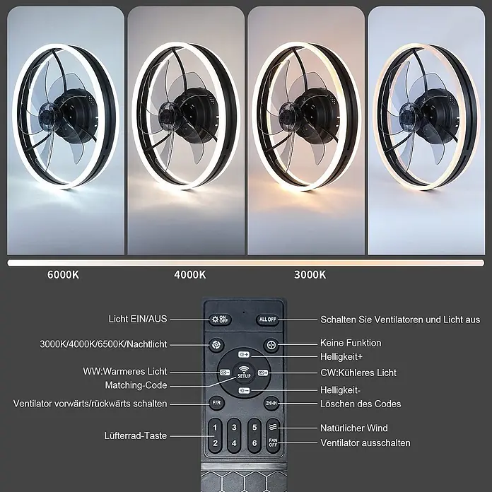 Nettlife LED-Deckenventilator Erickson II, Blumenform, dimmbar, 50 cm -  - Runder Deckenventilator mit schwarzem Rahmen, transparenten Flügeln und integriertem LED-Lichtring, in verschiedenen Farbtemperaturen mit Fernbedienung.