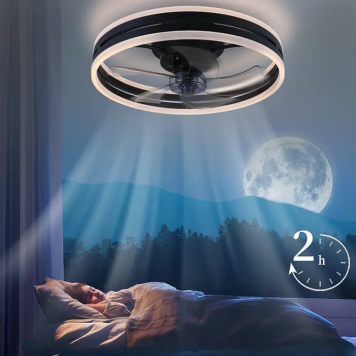 Nettlife LED-Deckenventilator Erickson II, Blumenform, dimmbar, 50 cm -  - Moderner schwarzer Deckenventilator mit integriertem weißem LED-Licht und transparenten Flügeln, beleuchtet eine schlafende Person im Schlafzimmer, mit 2h-Timer.