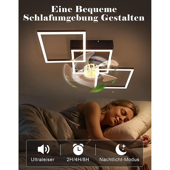 Nettlife Deckenventilator - Black, 680 mm, 51 W - Moderner Deckenventilator mit quadratischen LED-Leuchten und transparenten Rotorblättern, schafft eine angenehme Schlafumgebung.