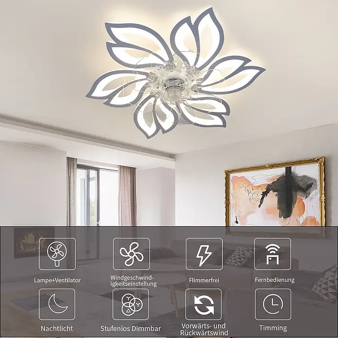 Nettlife Deckenventilator - White, 695 mm, 71 W - Moderner Deckenventilator in Blütenform mit integrierter LED-Beleuchtung, im Wohnzimmer installiert.