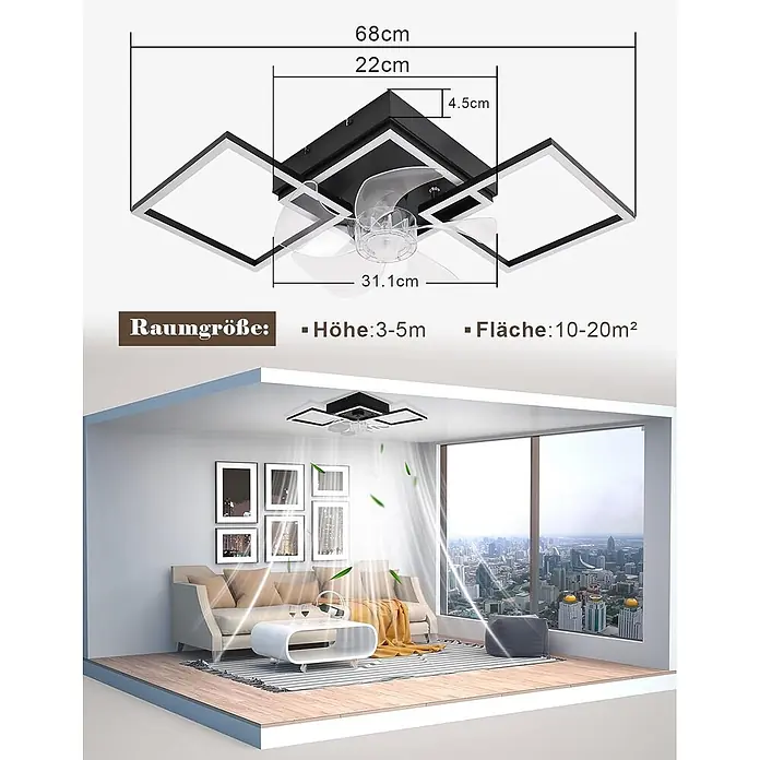 Nettlife Deckenventilator - Black, 680 mm, 51 W - Moderner Deckenventilator mit schwarzen und weißen LED-Leuchten und transparenten Flügeln, mit Maßen und in einem Wohnzimmer Luft zirkulierend gezeigt.