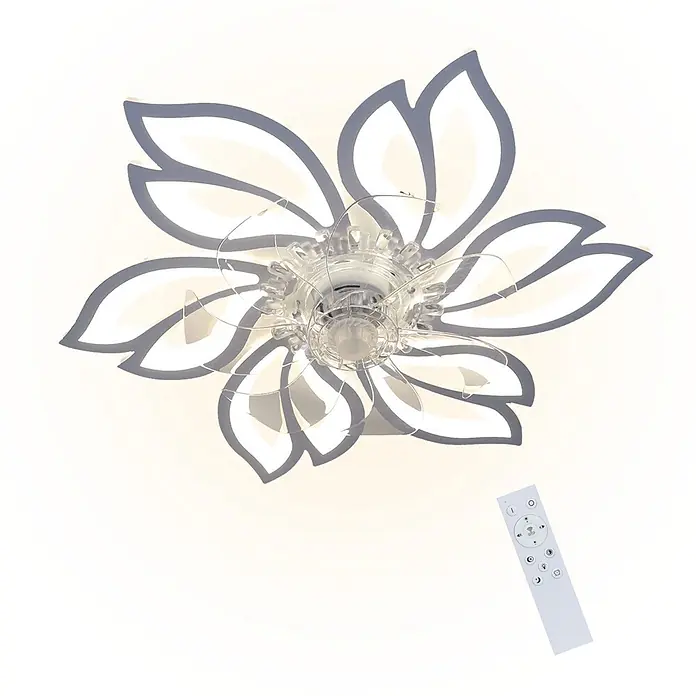 Nettlife Deckenventilator - White, 695 mm, 71 W - Weißer Deckenventilator in Blütenblattform mit integriertem LED-Licht, transparenten Flügeln und weißer Fernbedienung.