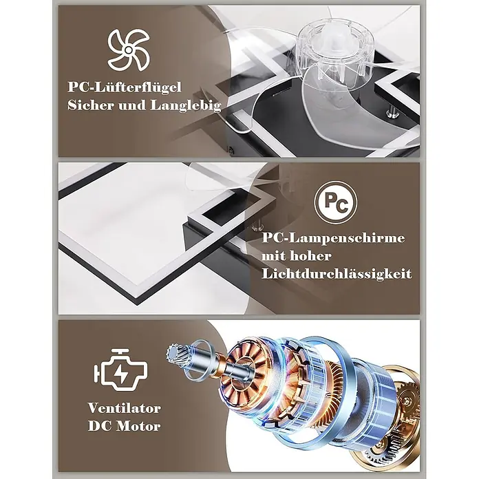 Nettlife Deckenventilator - Black, 680 mm, 51 W - Deckenventilator-Komponenten: transparente PC-Flügel, lichtdurchlässiger PC-Lampenschirm, DC-Motor.