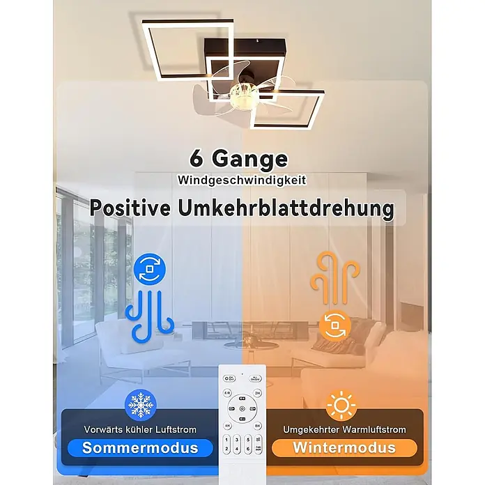 Nettlife Deckenventilator - Black, 680 mm, 51 W - Moderner Deckenventilator mit vier quadratischen LED-Leuchten und transparenten Flügeln, Fernbedienung, in Wohnzimmerkulisse, zeigt Sommer- und Wintermodi.