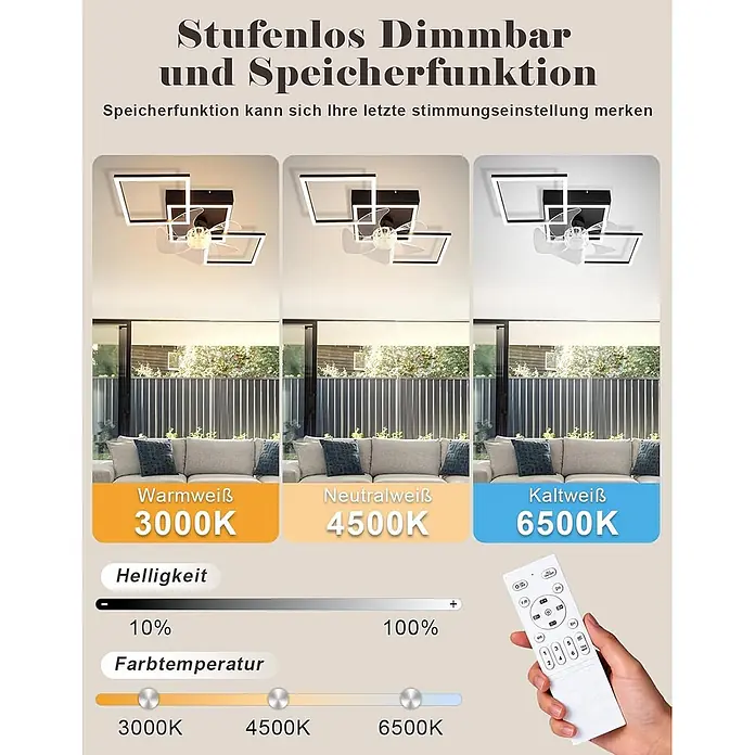 Nettlife Deckenventilator - Black, 680 mm, 51 W - Stufenlos dimmbare Deckenleuchte mit integriertem Ventilator, dargestellt in Warm-, Neutral- und Kaltweiß, mit Fernbedienung für Helligkeit und Farbtemperatur.